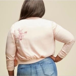 Lane Bryant X Glamour Satin Cropped Bomber Jacket Zip Embroidered Floral